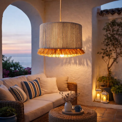 Natural Fringe Drum Pendant Lampshade Kit | Scandinavian Fabric Hanging Light Shade