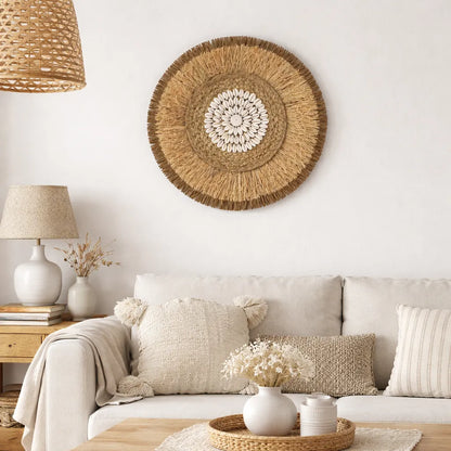 Décoration murale bohème | Tenture murale ronde en rotin et raphia tressés - 38cm